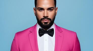A man with a beard and pink suit photo