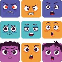 Colorful square emoji faces expressing various emotions in illustration for digital communication and social media usage vector