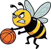 Angry bee playing basketball illustration with expressive face and wings in action pose vector