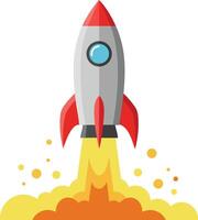 Rocket launching with red fins and flames in simple illustration style for space exploration and technology concepts vector