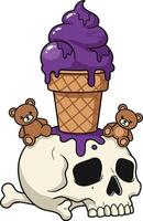 Skull with purple ice cream cone and two teddy bears sitting on top surreal illustration design vector