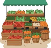 Fresh vegetable market stall with carrots tomatoes lettuce and pumpkins in wooden crates and baskets illustration vector