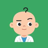 Curious bald baby scientist character with question mark on head illustration in green background vector