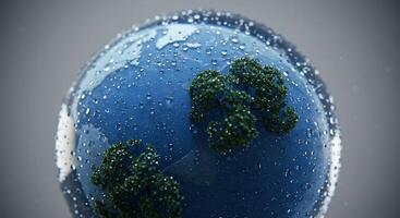 A globe with water droplets on it and trees photo