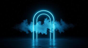 Neon blue light tunnel with smoke and clouds photo
