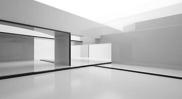 An empty room with a white floor and a large window photo