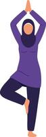 Woman in purple outfit practicing yoga tree pose for meditation and balance in calm wellness routine vector