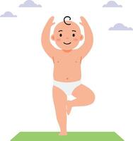 Baby practicing yoga pose on green mat with clouds in background illustration vector