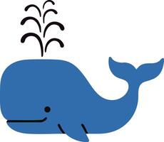 Blue whale cartoon illustration with water splash and smiling face in simple style vector