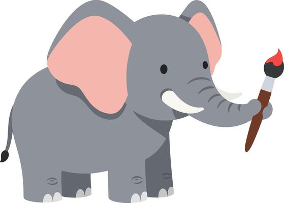 Elephant holding paintbrush creative art animal character illustration in simple style