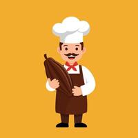 Chef holding large cocoa pod illustration with orange background and smiling face vector