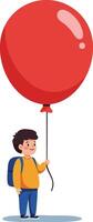 Child holding large red balloon standing with backpack in simple style illustration for kids content and playful design vector