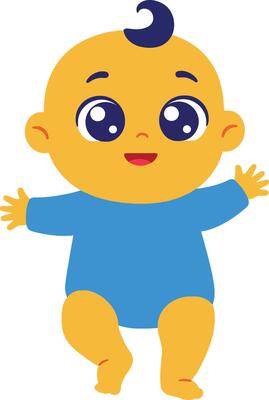 Cute baby with blue outfit and dark hair curl smiling with open arms illustration