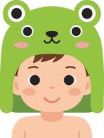 Child wearing cute green frog hat illustration with smiling face and rosy cheeks in simple flat style vector