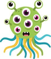 Green multi-eyed alien monster with colorful tentacles cartoon illustration for kids and fantasy themes vector