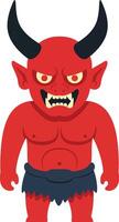 Red demon with black horns and fierce expression cartoon illustration of mythical creature with sharp teeth and muscular body vector