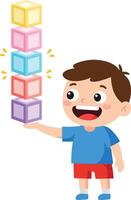 Happy boy balancing colorful pastel blocks in playful stacking activity for children development and fun learning playtime vector