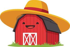Red barn with smiling face wearing large yellow hat illustration in cute style vector