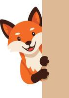 Cute red fox peeking from behind a beige board with friendly expression illustration vector