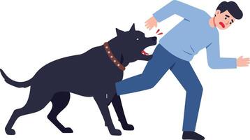 Man being attacked by aggressive black dog running fast in illustration vector