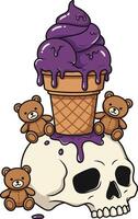 Skull with purple melting ice cream cone and three teddy bears illustration in unique artistic style vector