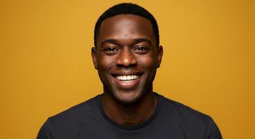 A man smiling in front of a yellow background photo
