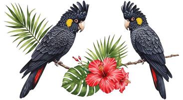 Two parrots with flowers on a branch photo