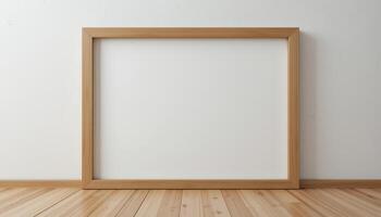 Empty light-brown wooden picture frame on a light-colored floor. photo