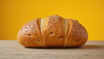 A round loaf of artisan bread on a wooden surface. photo