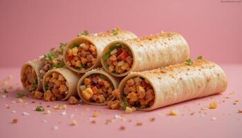 Rolled wraps stacked high on a pink surface. photo