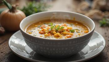 Hearty vegetable soup in a gray bowl on a wooden table. photo