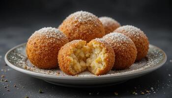 Golden, crispy Italian rice balls on a plate. photo