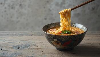 Noodle soup in a decorative bowl, ready to eat. photo