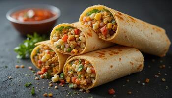 Delicious stacked burritos with colorful fillings. photo