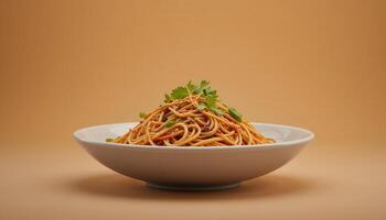 A mound of seasoned noodles in a ceramic bowl. photo
