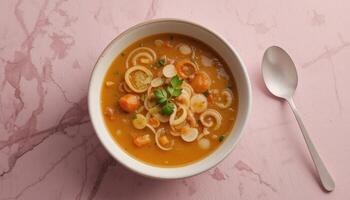 Creamy, light orange soup with sliced vegetables in a bowl. photo