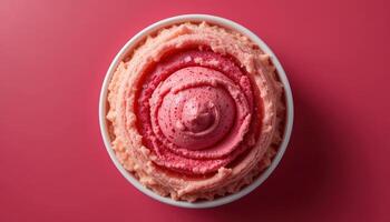 Top view of a delightful pink dessert in a white bowl. photo