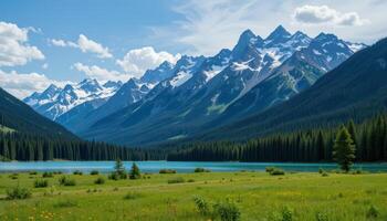 Picturesque mountain range overlooking a serene lake. photo