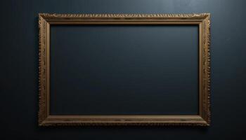 Empty ornate gold picture frame against dark backdrop. photo