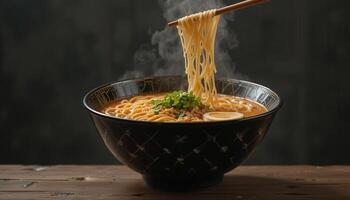 Delicious steaming ramen noodles in a dark bowl. photo