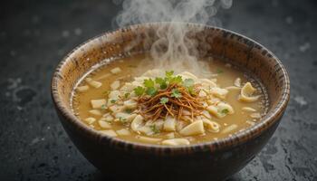 Aromatic, steaming soup in a rustic bowl. photo