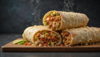 Stacked burritos, steaming hot, with savory fillings. photo