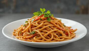 Delicious spaghetti dish topped with vibrant tomato sauce and herbs. photo