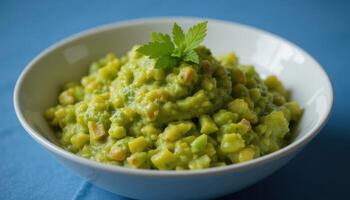 A vibrant green dish of mashed vegetables and herbs. photo