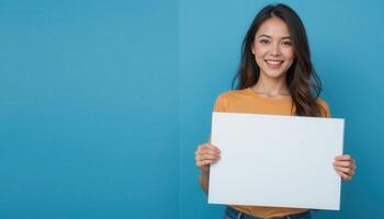 Smiling person holding a blank sign against a vibrant backdrop. photo