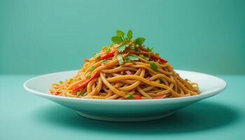 A vibrant plate of tossed pasta with a colorful topping. photo