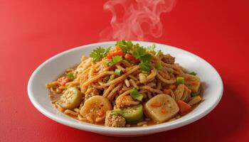 Spicy noodle dish steaming on a white plate. photo