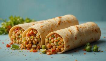 Three savory crepes filled with a colorful vegetable and legume mixture. photo
