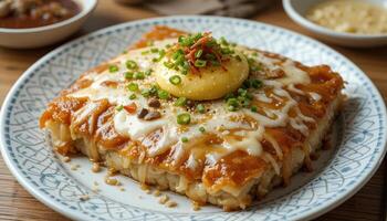 Cheesy, savory, square food dish topped with egg and herbs. photo