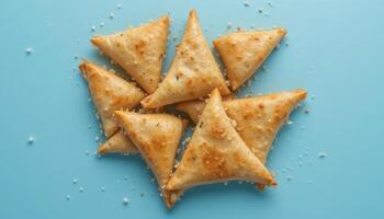 Golden triangle pastries arranged on a light blue surface. photo